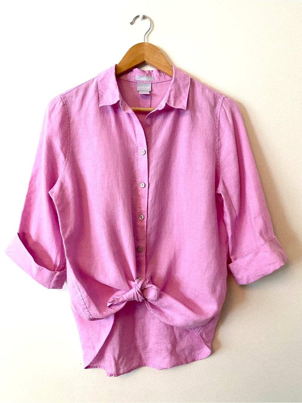 Chico's Pink Linen No-Iron Button Up Top Blouse Casual Butter Summer Sz 0 (US 4)
